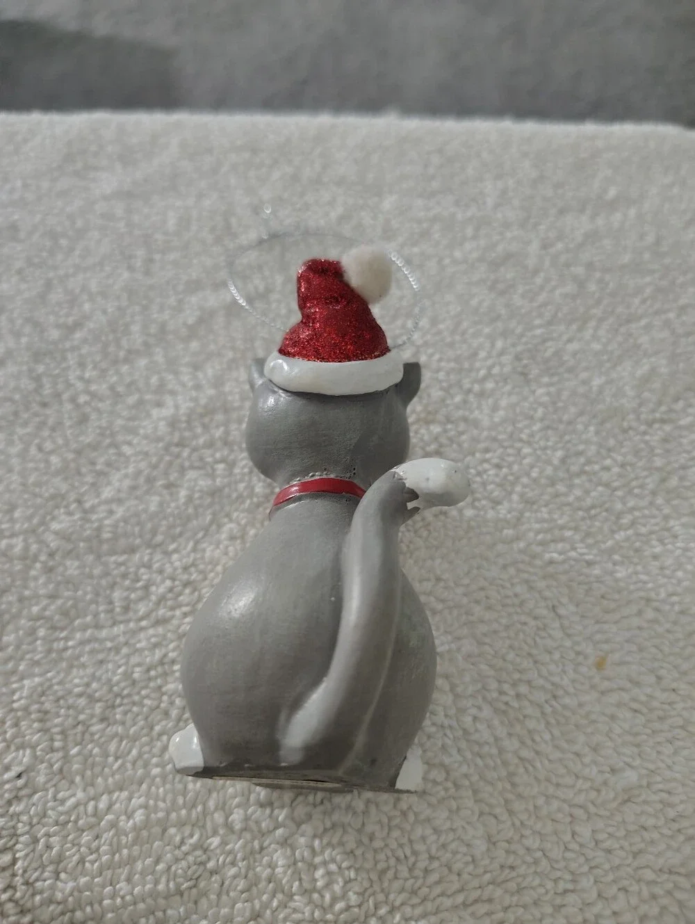 Gray & White Festive Cat Ornament with Red Hat and Bell By Ganz